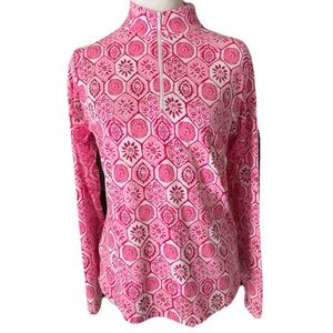 IBKUL Pink & White Geometric Print Women's Small Quarter Zip Sun Protection Top